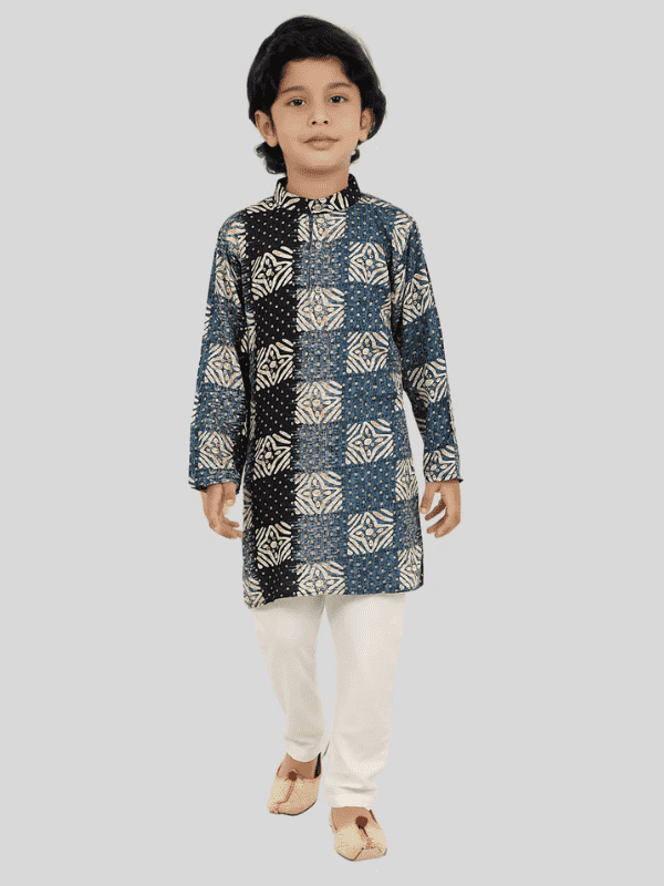 Boys Traditional Printed Chudidar Kurta Set - Navy Blue.