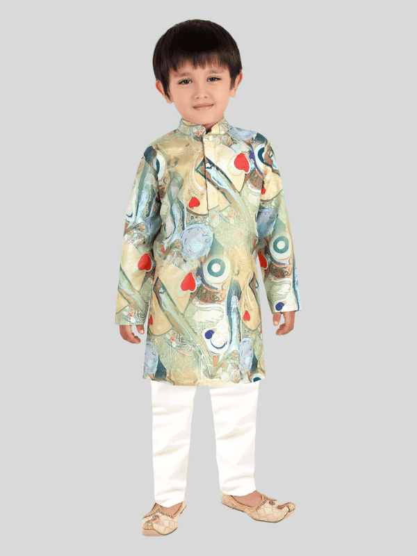 Boys Traditional Printed Chudidar Kurta Set - P.Green