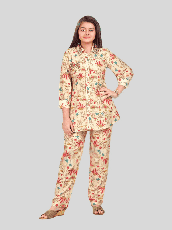 Girls Traditional Full Sleeves Pant Set - Cream