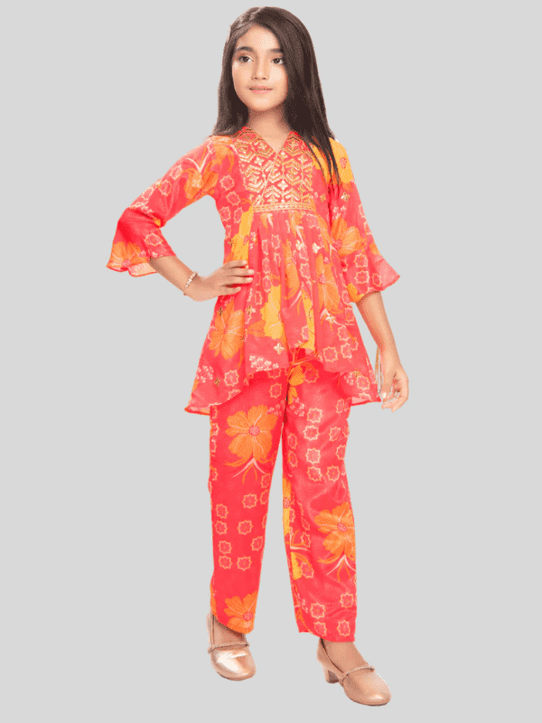 Girls Traditional 3/4th Sleeves Pant Set - Tomato