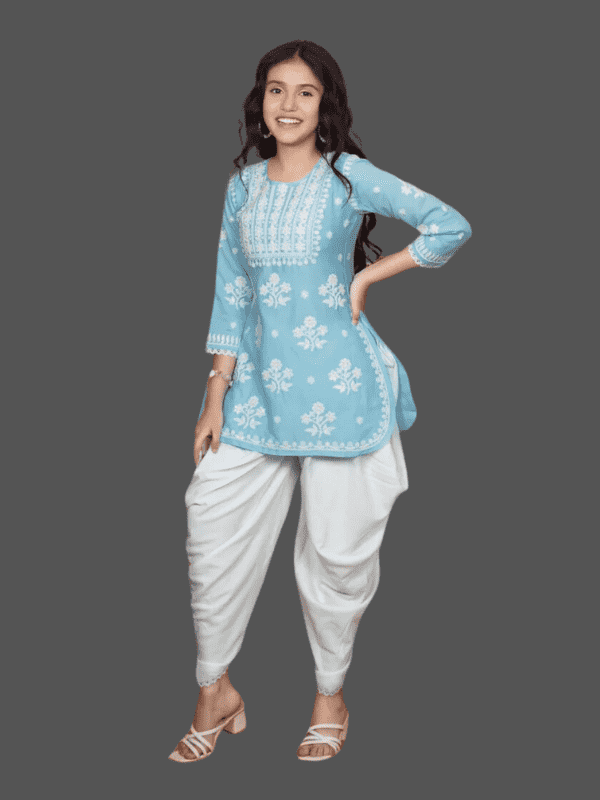Girls Traditional 3/4th Sleeves Patiala Set - Sky Blue