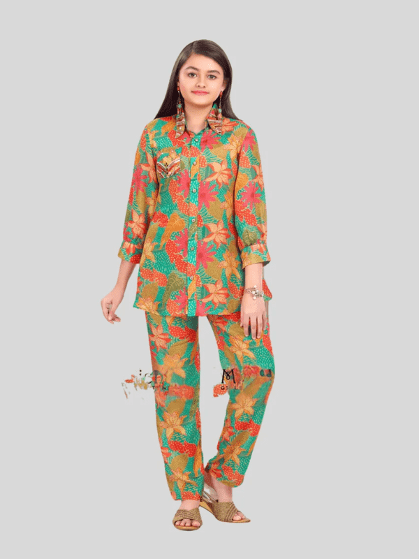 Girls' Casual Teal and Orange Floral Print Full-Button Tunic and Straight Pant Set
