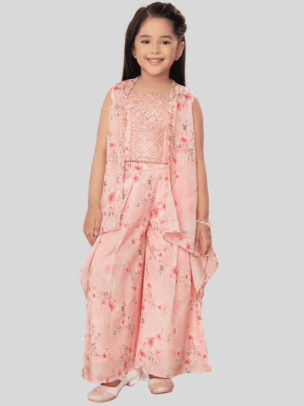 Girls Traditional Sleeves Less Plazo Set - Peach