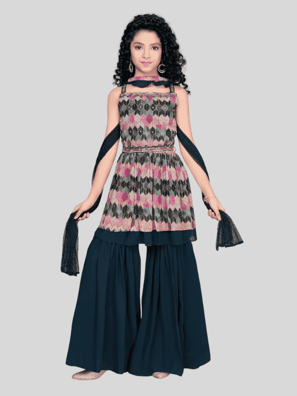 Girls Traditional Sleeves Less Plazo Set - Green