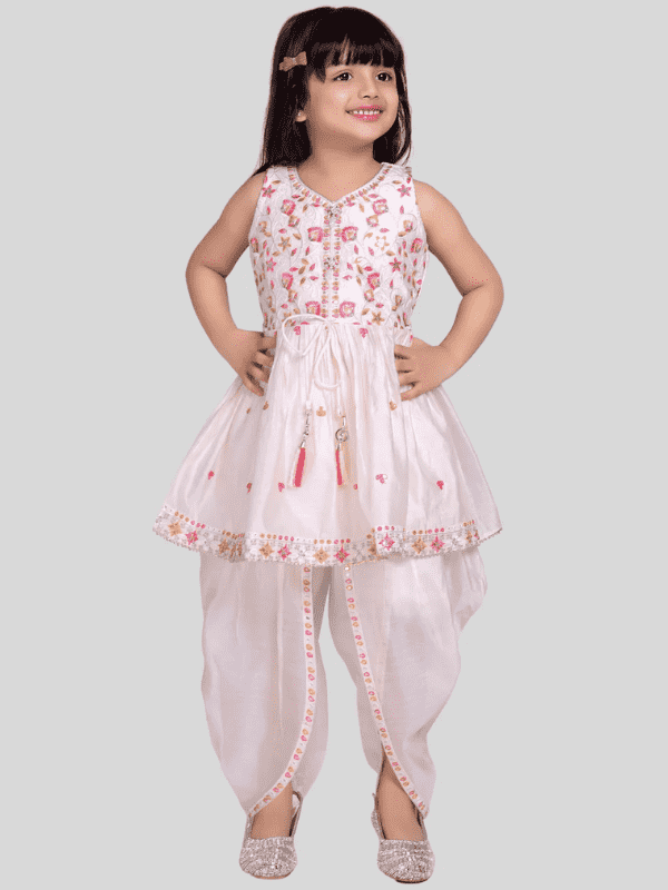 Girls' Cream Embroidered Peplum Kurti and Dhoti Set