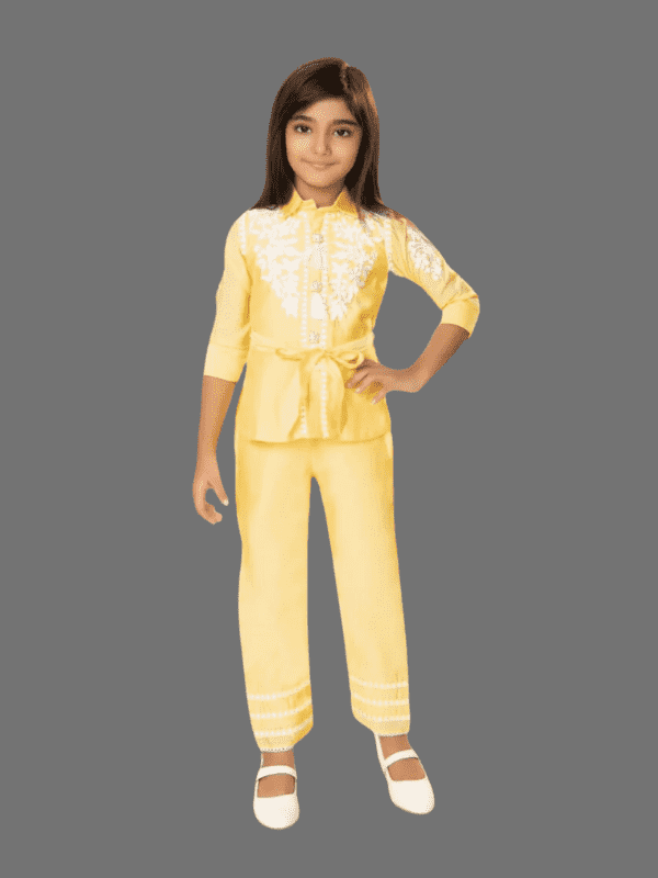 Girls Elegant Yellow Embroidered Tunic and Trouser Set