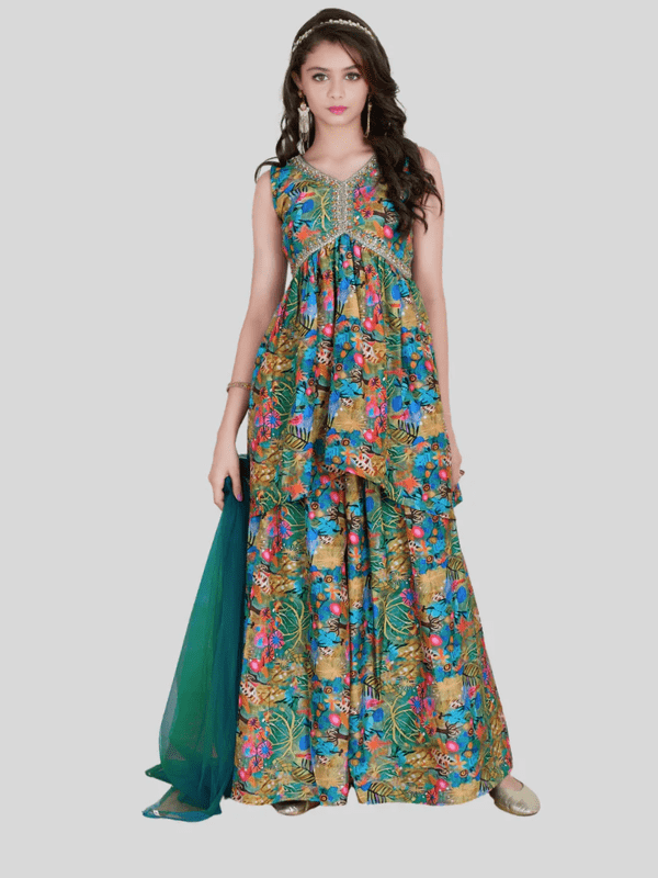 Girls Traditional Sleeves Less Plazo Set - Green