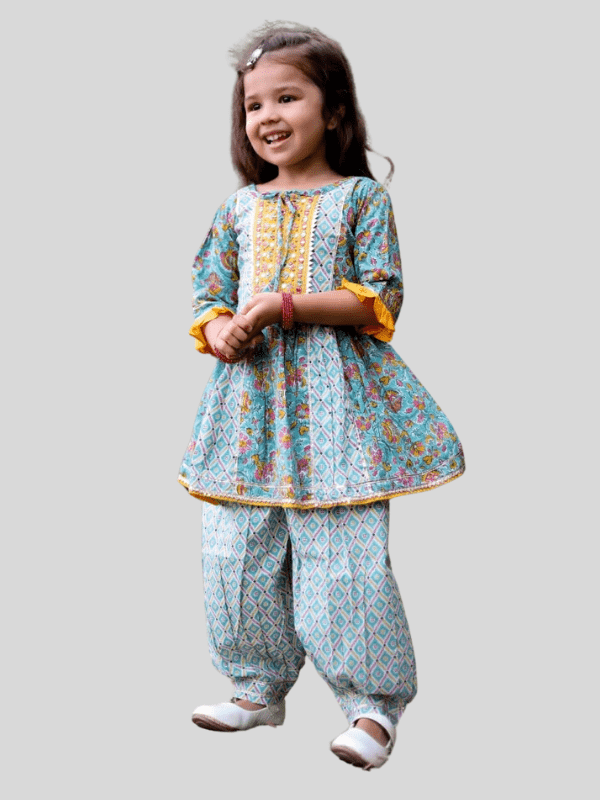 Girls Traditional Full Sleeves Patiala Set - Sky Blue