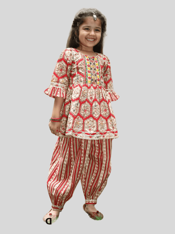 Girls Traditional 3/4th Sleeves Patiala Set - Red