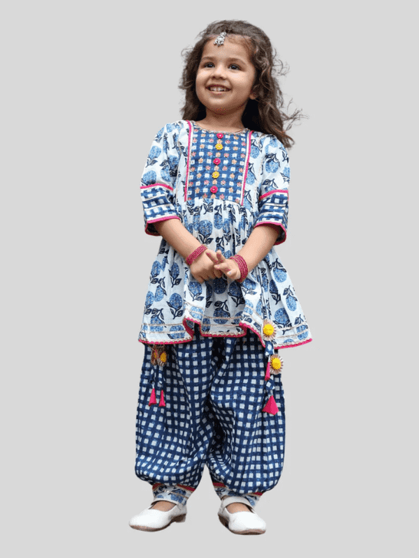 Girls Traditional 3/4th Sleeves Patiala Set - Blue