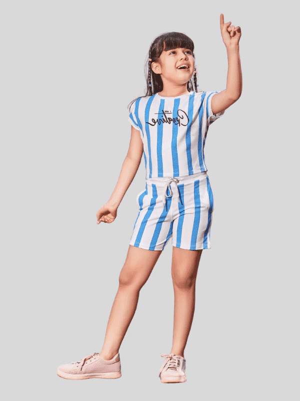 Girls Casual Stripes Half Sleeves Short Set - White