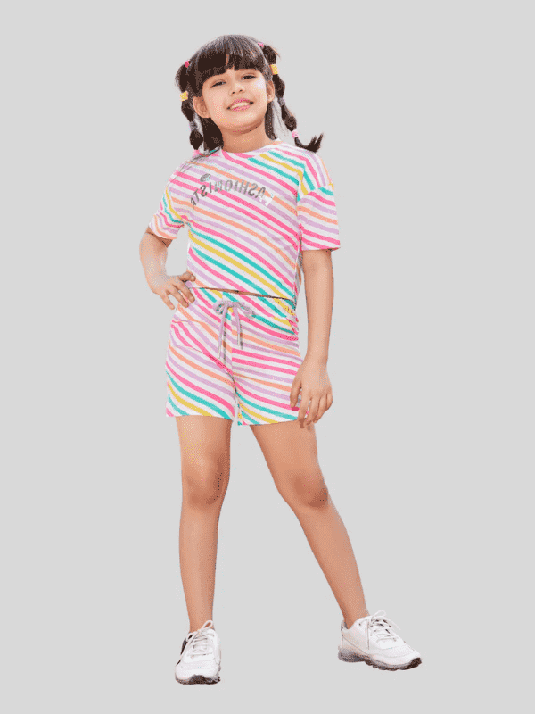 Girls Casual Stripes Half Sleeves Short Set - Pink