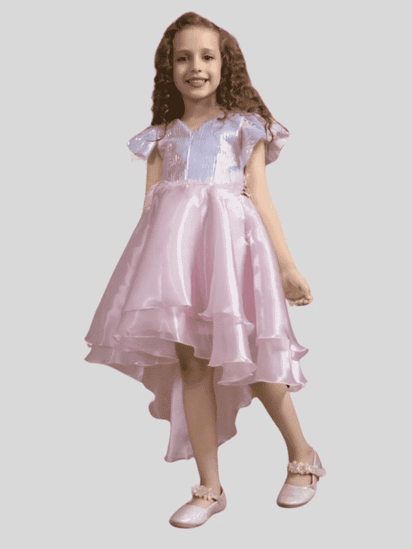 Girls Party Satin Party Frock With Work - Pink