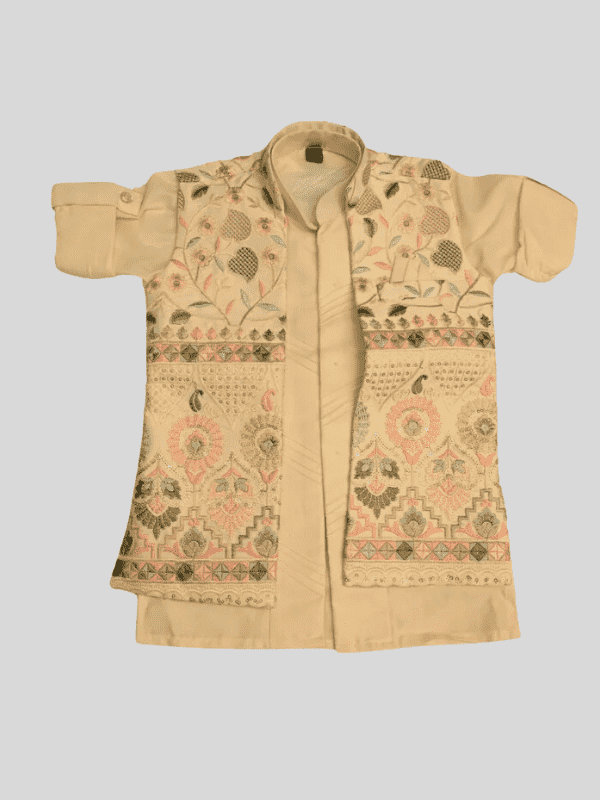 Boys Traditional Self Design Chuddidar Kurta with Koti - Cream