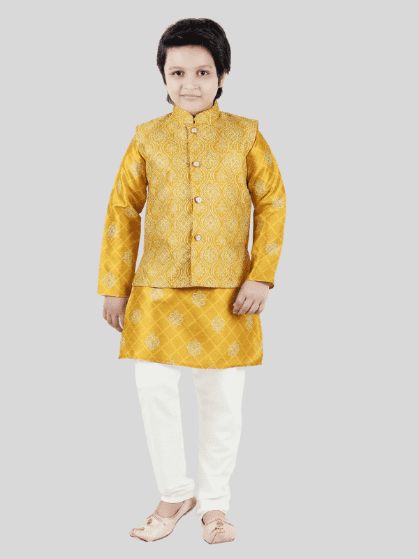 Boys Traditional Printed Chudidar Kurta with Koti - Yellow