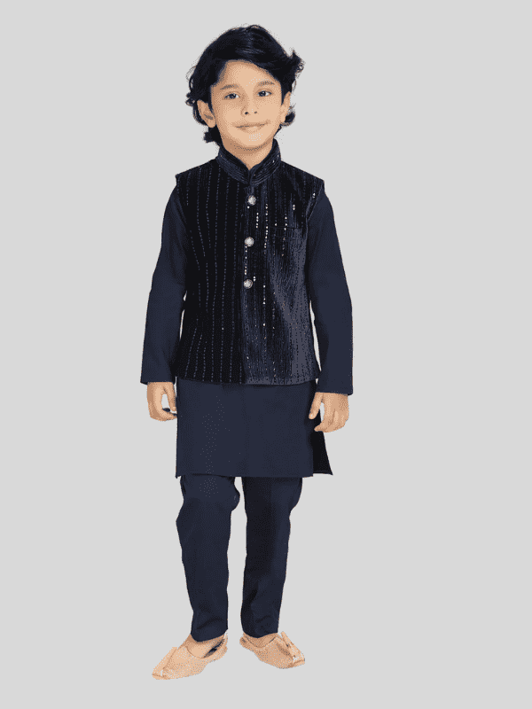 Boys Traditional With Work Chudidar Kurta with Koti - Navy Blue