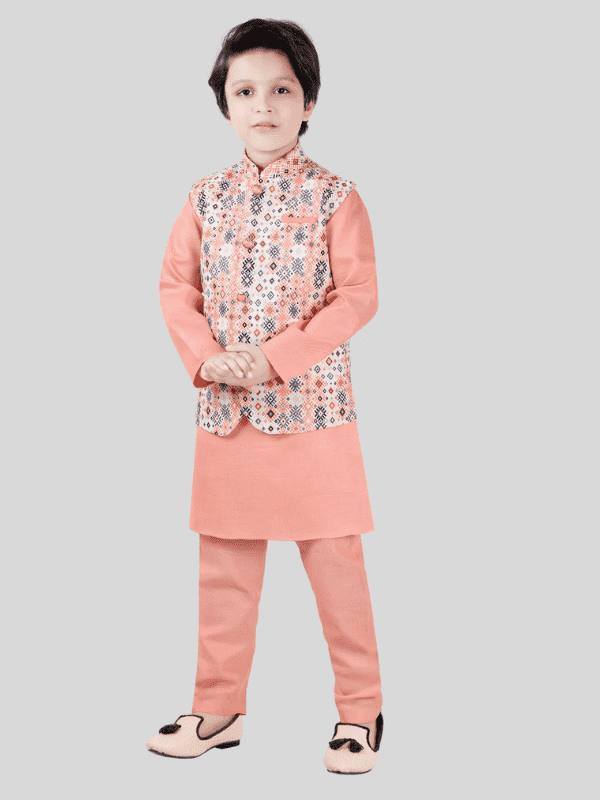 Boys Traditional Printed Chudidar Kurta with Koti - Peach