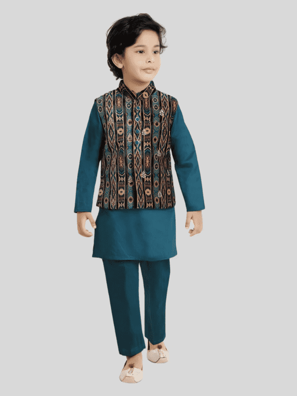 Boys Traditional Self Design Chudidar Kurta with Koti - Navy Blue