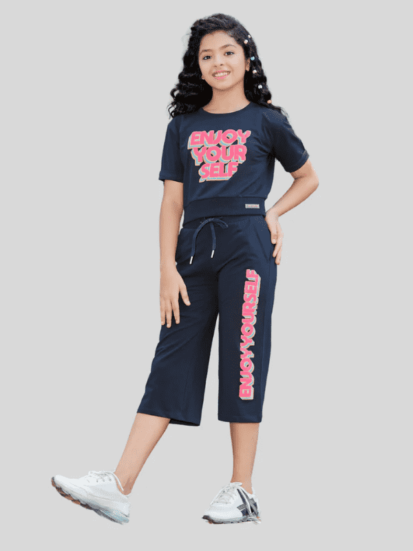 Girls Casual Printed Half Sleeves Capri Set - Navy Blue