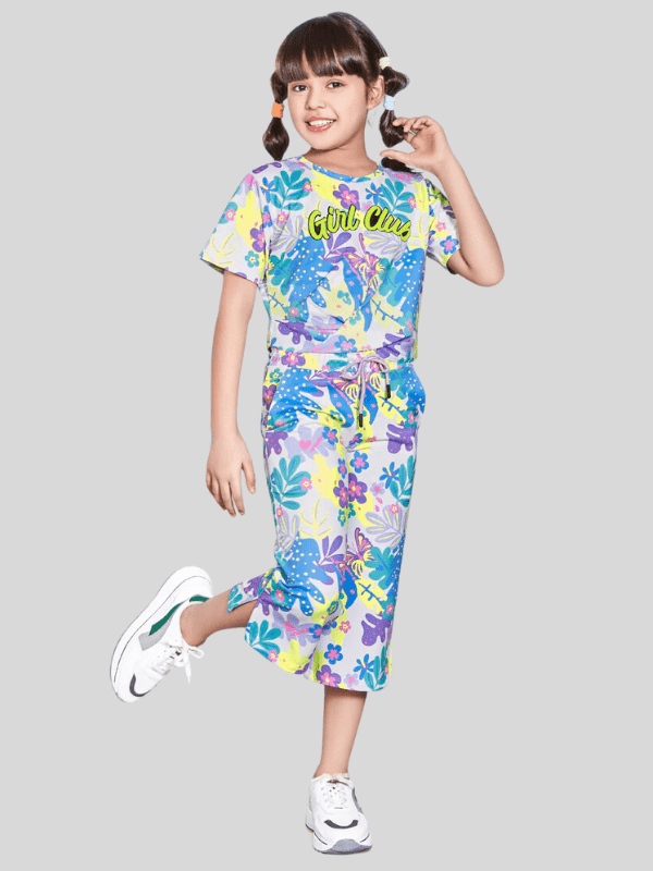 Girls Casual Printed Half Sleeves Capri Set - Purple