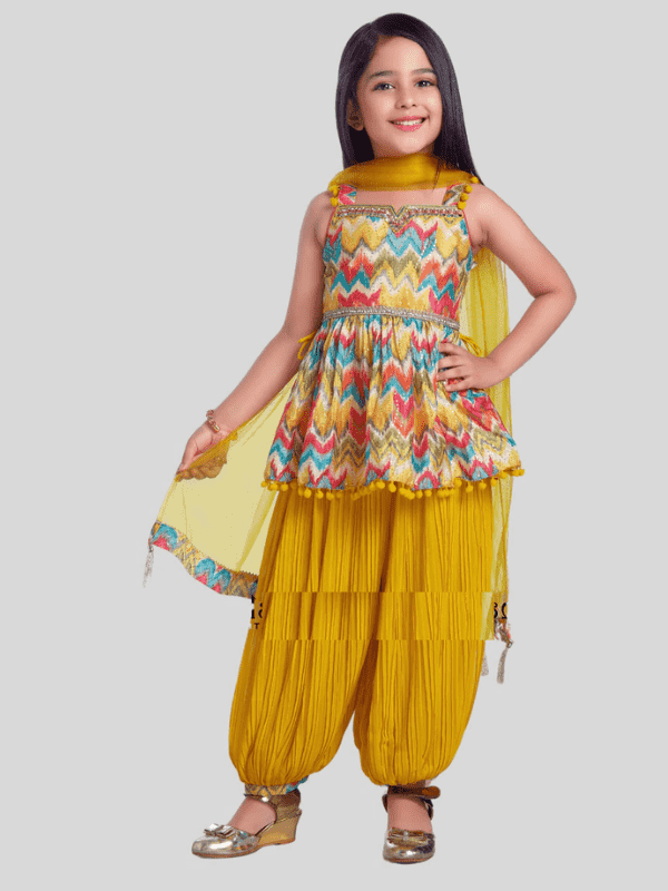Girls Traditional Sleeves Less Afghani Set - Yellow.