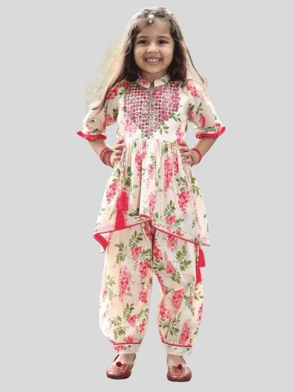 Girls Traditional 3/4th Sleeves Patiala Set - Cream & Pink