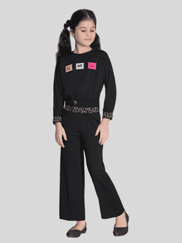 Girls Casual Plain Full Sleeves Plazo Set - Black