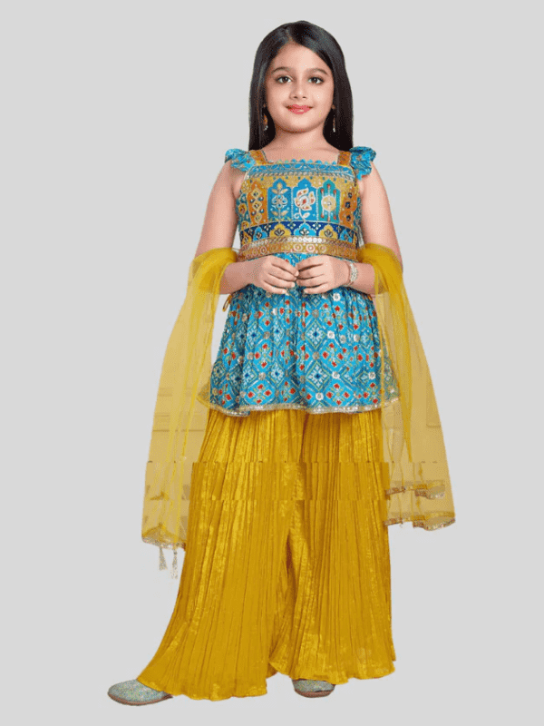 Girls Traditional Sleeves Less Plazo Set - Blue.