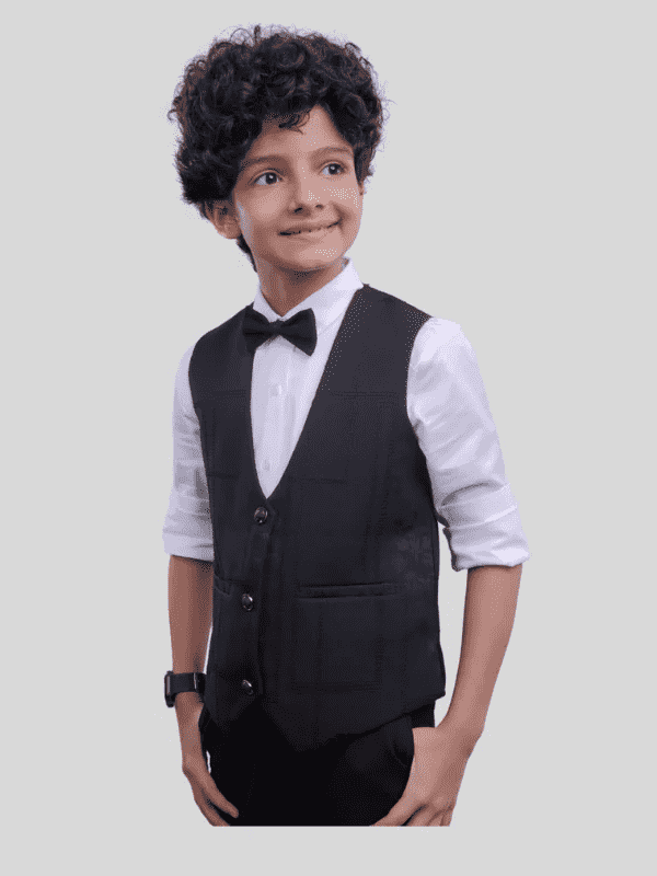 Boys Party Waist Coat with Shirt V Neck-Black
