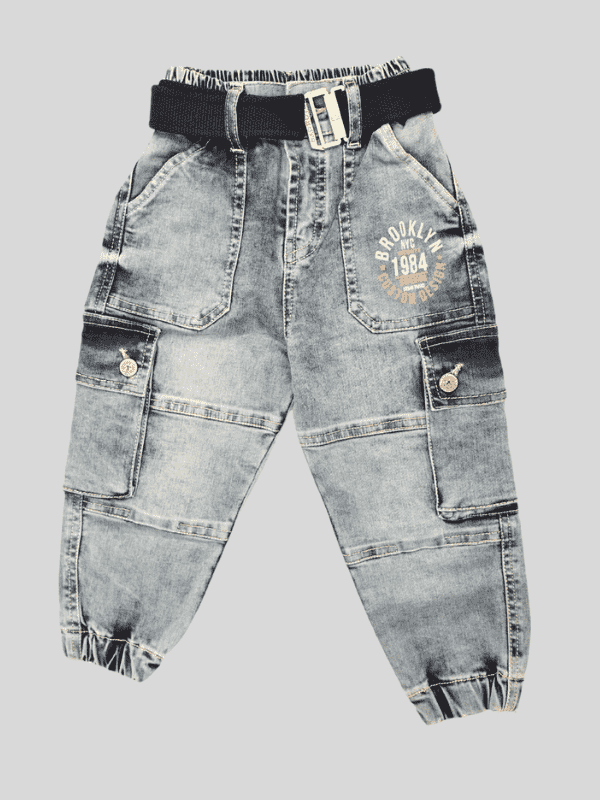 Boys Casual Plain Jeans Joggers With Rib - Blue