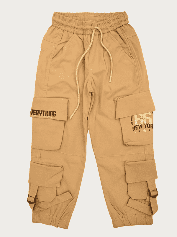 Boys Casual Plain Cotton Joggers With Rib - Brown