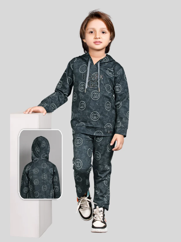Boys Casual Coordinate Sets Printed Full Sleeves Track Pant Set - Grey