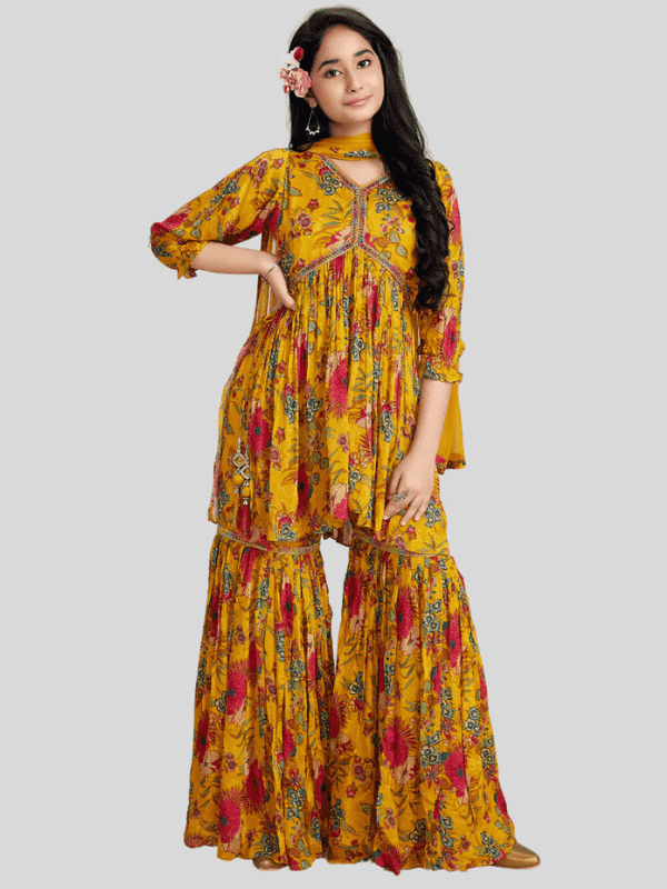 Girls Traditional 3/4th Sleeves Sharara Set - Yellow