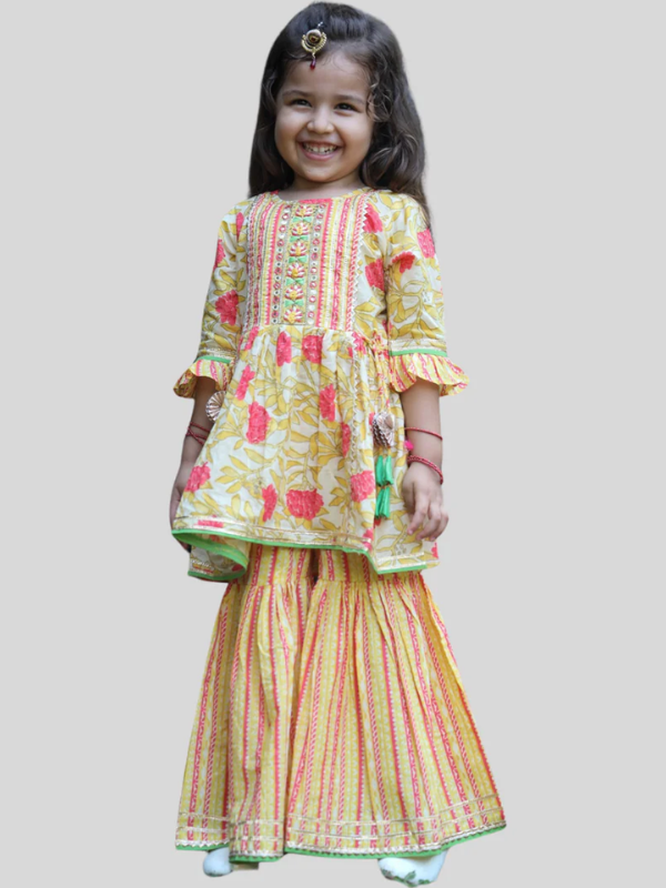 Girls Traditional 3/4th Sleeves Sharara Set - Yellow
