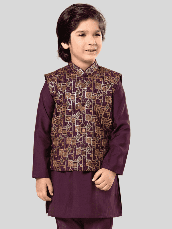 Boys Traditional With Work Chudidar Kurta with Koti - Purple