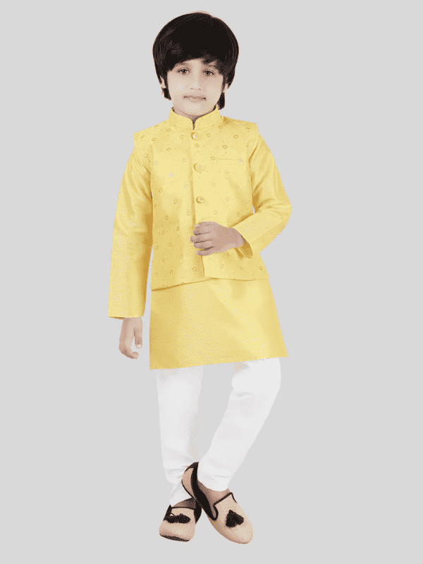 Boys Traditional With Work Chudidar Kurta with Koti - Yellow