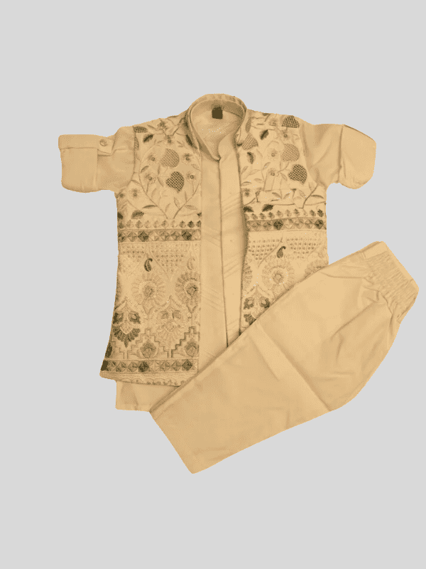 Boys Traditional Self Design Chuddidar Kurta with Koti - Cream