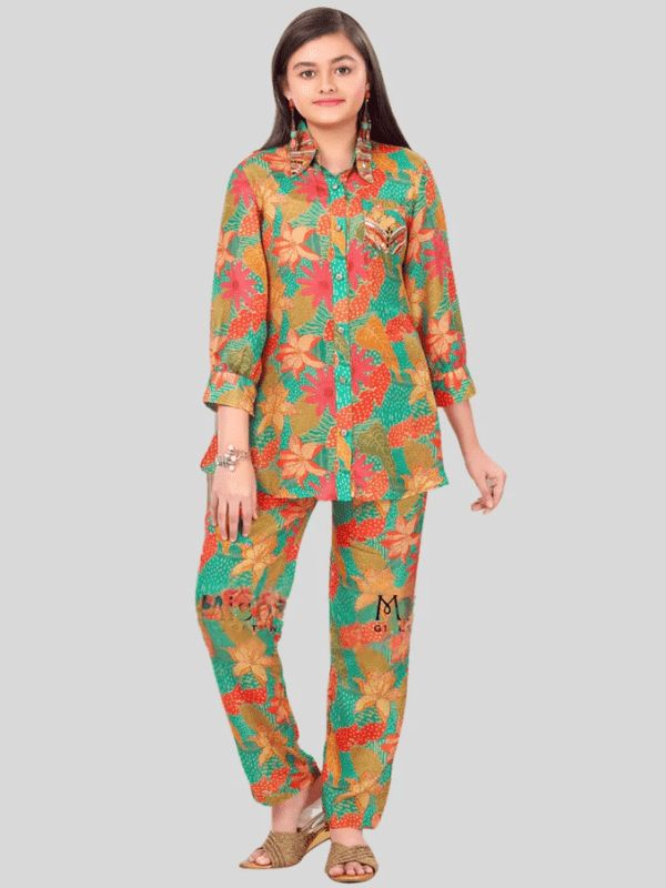 Girls' Casual Teal and Orange Floral Print Full-Button Tunic and Straight Pant Set