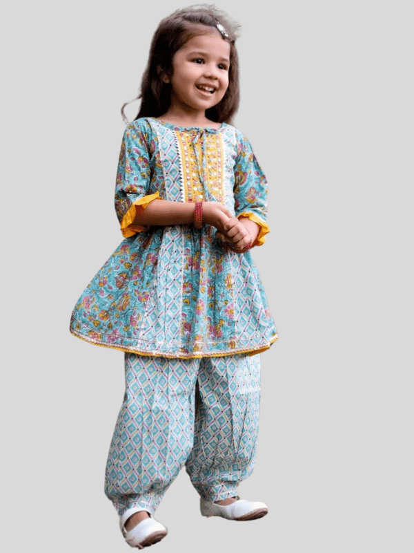 Girls Traditional Full Sleeves Patiala Set - Sky Blue