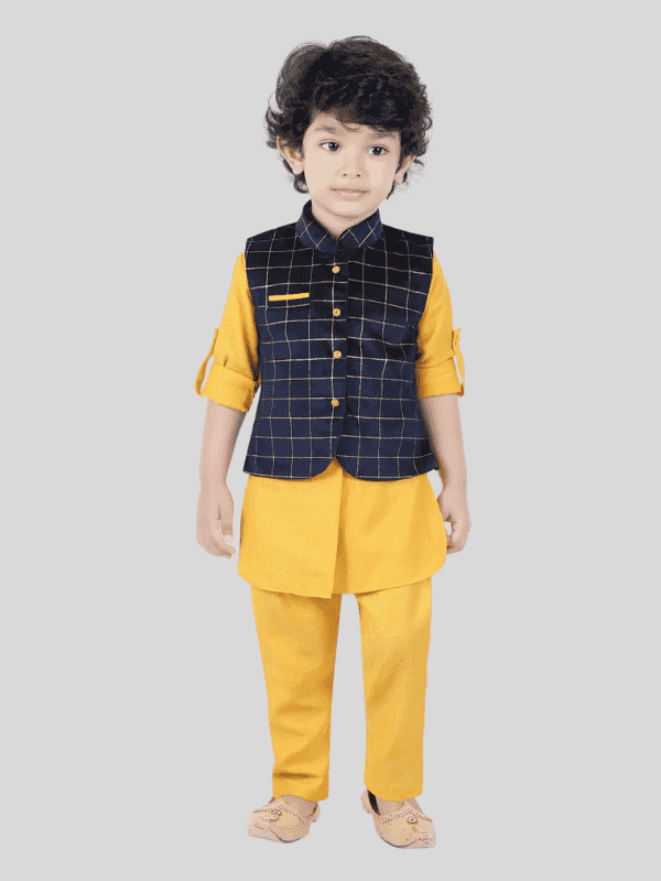 Boys Traditional Checks Chudidar Kurta with Koti - Navy Blue