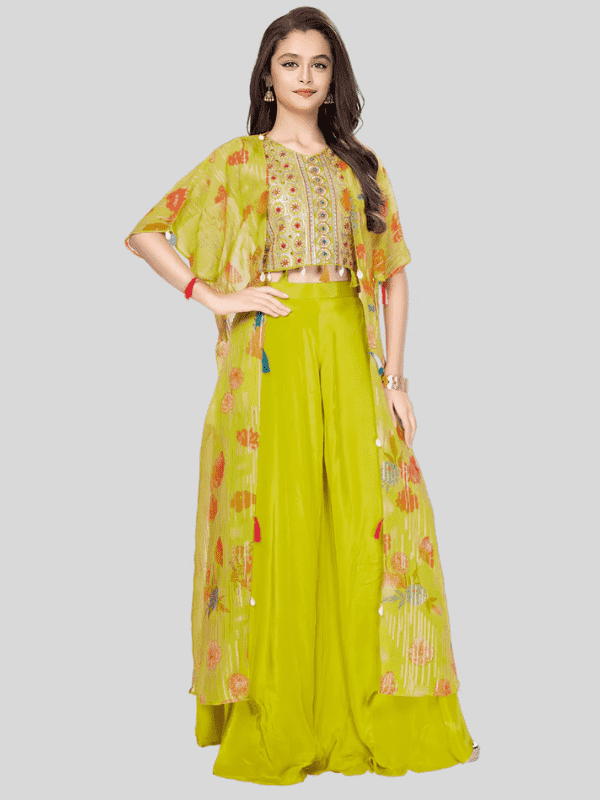 Girls Traditional Half Sleeves Plazo Set - Green