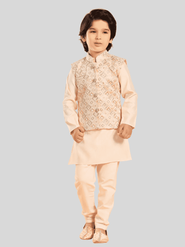 Boys Traditional Self Design Chudidar Kurta with Koti - Cream