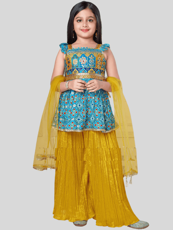 Girls Traditional Sleeves Less Plazo Set - Blue.