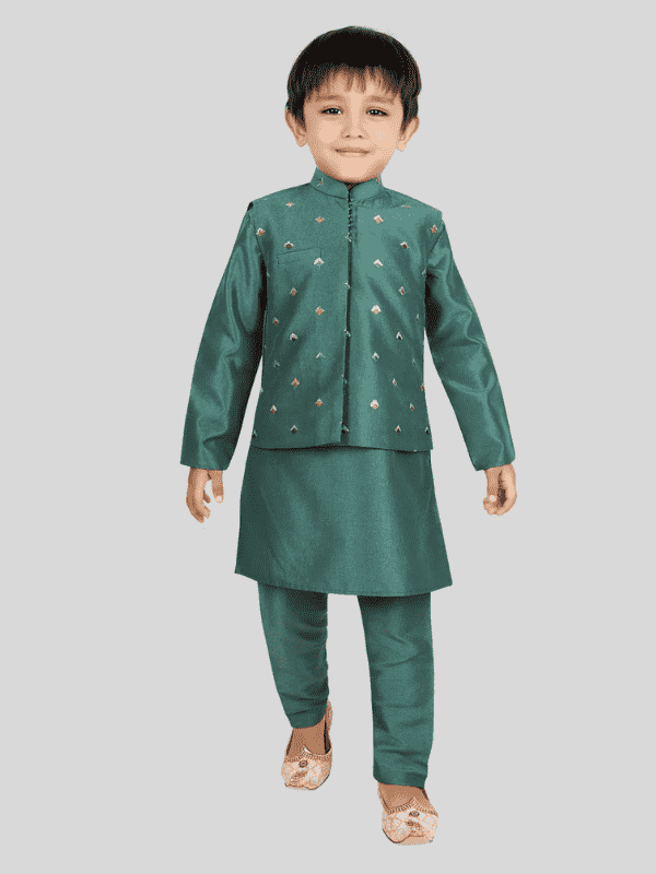 Boys Traditional With Work Chudidar Kurta with Koti - Green