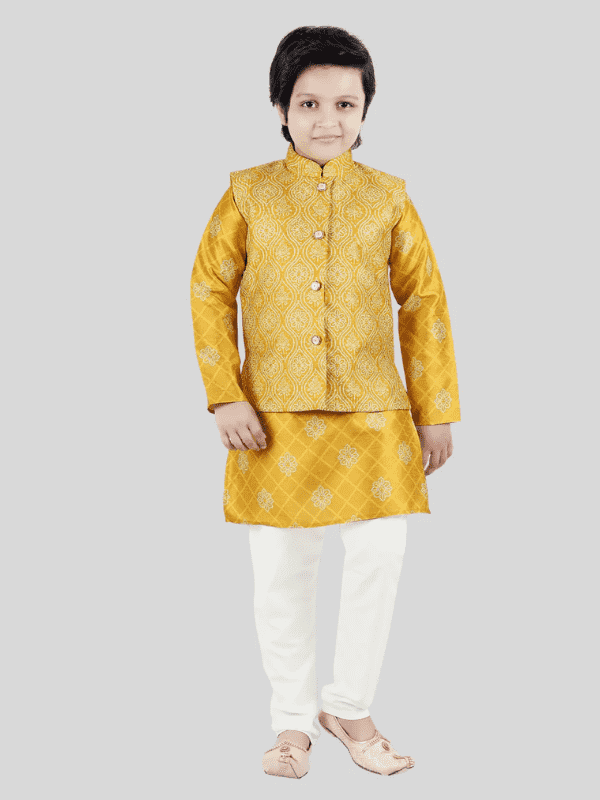 Boys Traditional Printed Chudidar Kurta with Koti - Yellow