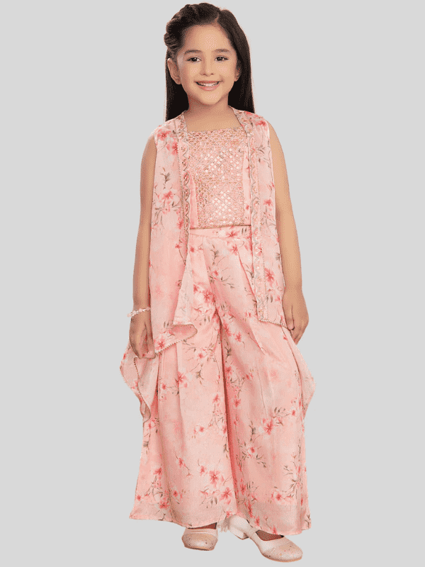 Girls Traditional Sleeves Less Plazo Set - Peach