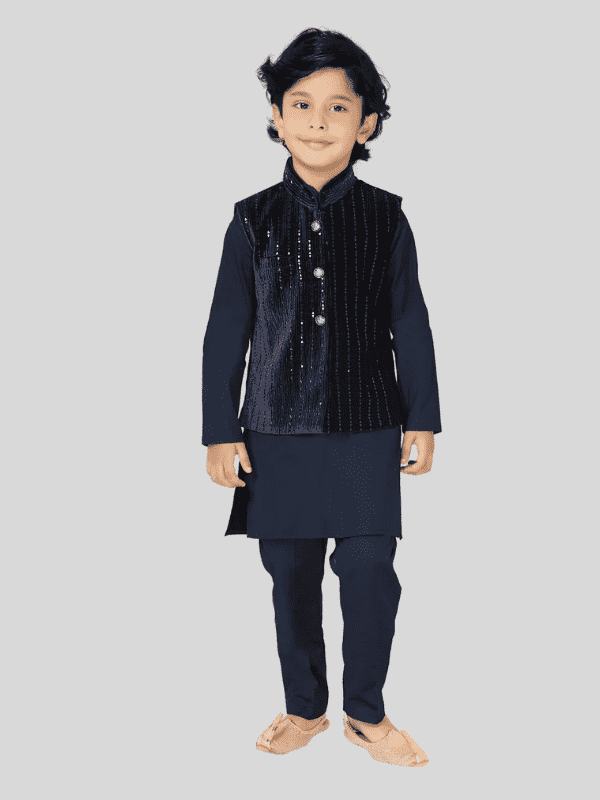 Boys Traditional With Work Chudidar Kurta with Koti - Navy Blue