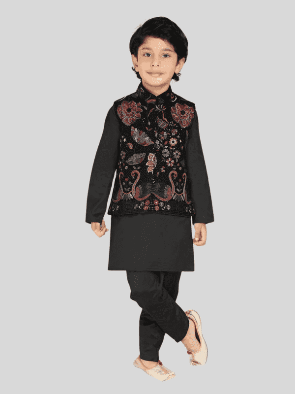 Boys Traditional With Work Indo Western Kurta Set - Black