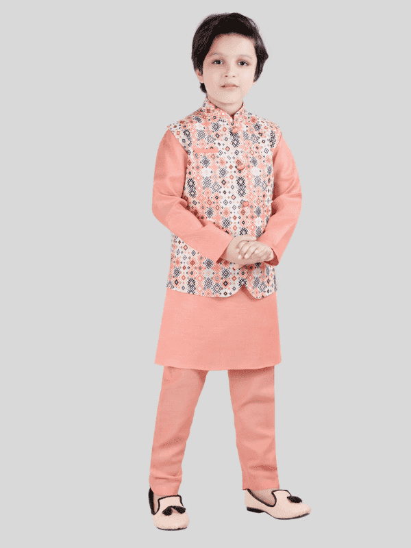 Boys Traditional Printed Chudidar Kurta with Koti - Peach