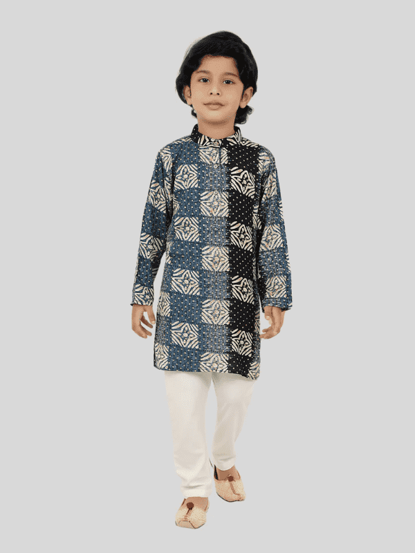 Boys Traditional Printed Chudidar Kurta Set - Navy Blue.